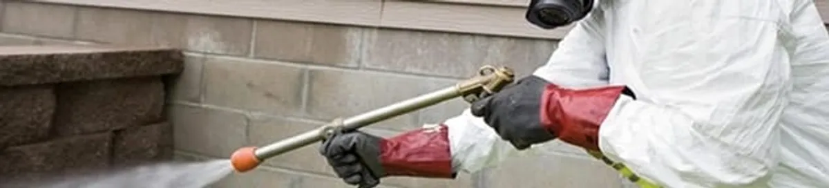 Pest control technician applying exterior insect treatment along a home foundation in Clearwater, FL