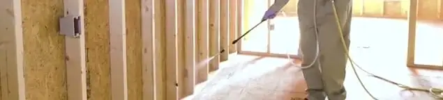 Termite treatment technician applying spray along framing and unfinished walls in Clearwater, FL