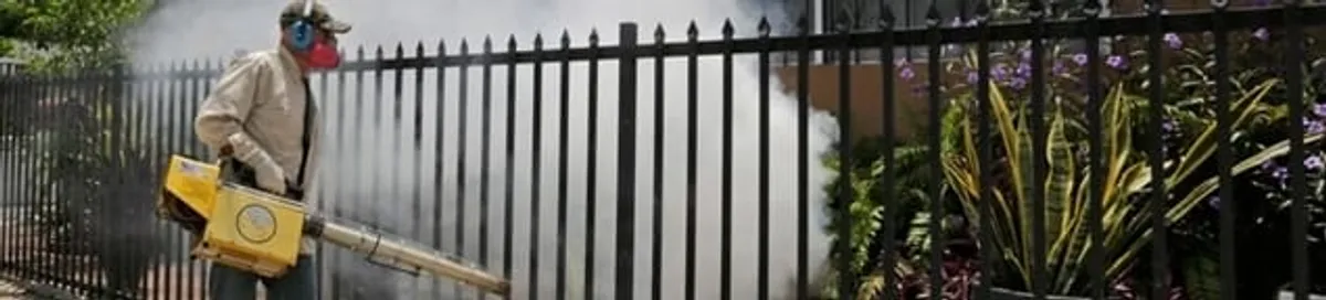 Mosquito control technician fogging a yard perimeter for mosquito reduction in Clearwater, FL